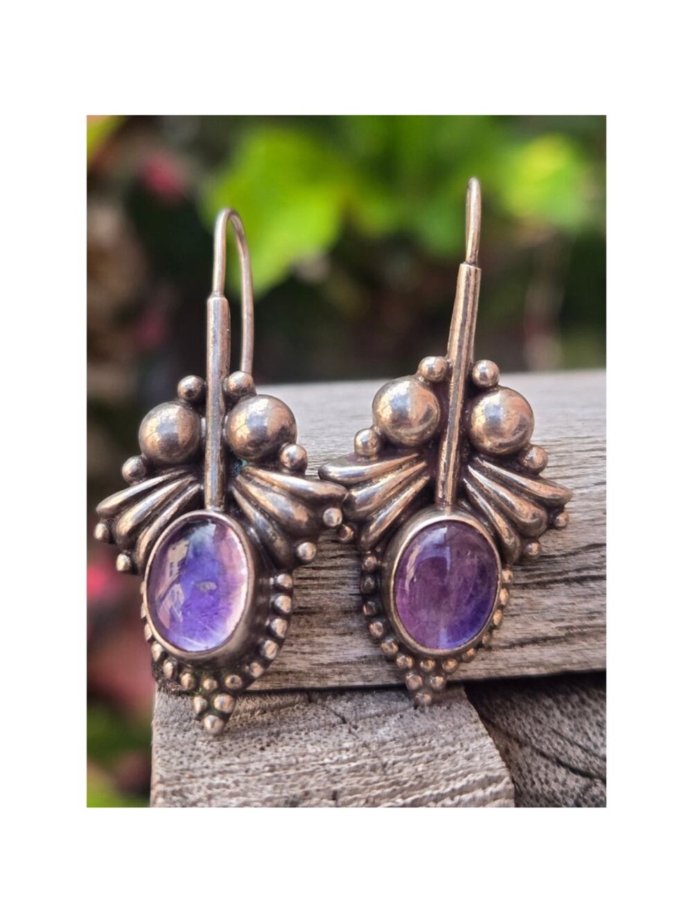 Vintage Sterling Silver Bohemian Bubble Bezel Set Amethyst Cabochon Earrings - Picture 4 of 6